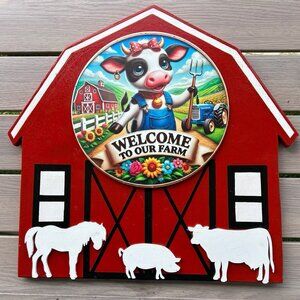 “Welcome to Our Farm” Red Barn Farm Welcome Sign for Front Door, Porch, Patio